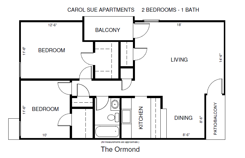 Floor plan for 2 beds, 1 bath, 900 sqft